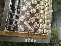 Handmade Chess Set Mother Of Pearl Inlaid Board Carved Camel Bone Pieces Egypt