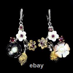 Handmade Mop Flowers Carved Pearl Rhodolite Garnet 925 Sterling Silver Earrings