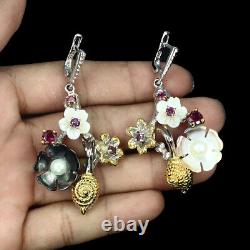 Handmade Mop Flowers Carved Pearl Rhodolite Garnet 925 Sterling Silver Earrings