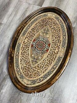 Handmade Oval wood Tray inlaid Mother of Pearl Hand Carved Walnut 20x13 Inch