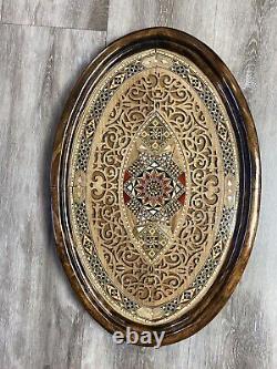 Handmade Oval wood Tray inlaid Mother of Pearl Hand Carved Walnut 20x13 Inch