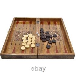 Handmade Wooden Backgammon Set Rustic Mother of Pearl Stone Processing Carved