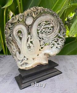 Large Carved Sea Shell, Dragon Carved Shell, Mother of Pearls, Chinese Dragon