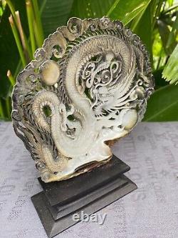 Large Carved Sea Shell, Dragon Carved Shell, Mother of Pearls + Stand