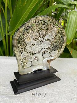 Large Phonix Humming Bird Carved Seashell Mother of pearl carved Shell + Stand