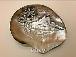 Large vintage souvenir Hand Carved Mother of Pearl Shell, Bora Bora beach scene