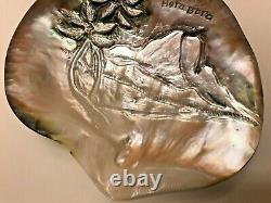 Large vintage souvenir Hand Carved Mother of Pearl Shell, Bora Bora beach scene