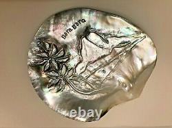 Large vintage souvenir Hand Carved Mother of Pearl Shell, Bora Bora beach scene