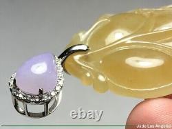 Leaf/Water Drop Rich Yellow Lavender Jadeite Jade 18K white Gold Diamond Pendant
