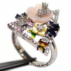MOTHER OF PEAR FLOWER CARVED, SAPPHIRE & cubic zirconia ENAMEL RING 925 SILVER