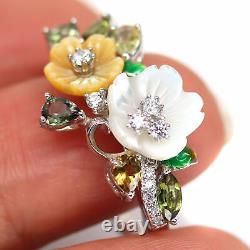 MOTHER OF PEARL FLOWER CARVED, TOURMALINE & cubic zirconia RING 925 SILVER