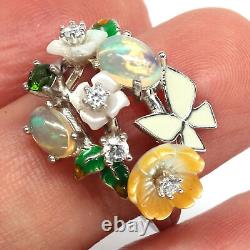 Mother Of Pearl Carved, Opal, Chorme Diopside & Cubic Zirconia Ring 925 Silver