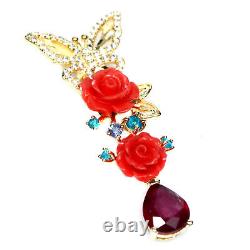 Mother Of Pearl Carved, Ruby Apatite Tanzanite. Pendant 925 Sterling Silver
