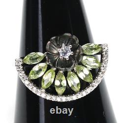 Mother Of Pearl Carved, Un Tourmaline & Cubic Zirconia Ring 925 Silver
