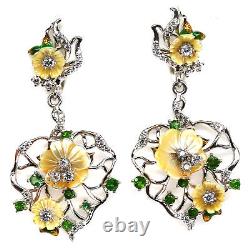 Mother Of Pearl Flower Carved Chorme Diopside Cubic Zirconia Earrings 925 Silver