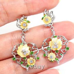 Mother Of Pearl Flower Carved Chorme Diopside Cubic Zirconia Earrings 925 Silver