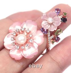 Mother Of Pearl Flower Carved, Pearl, Amethyst Ring Silver 925 Sterling