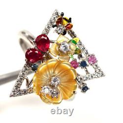Mother Of Pearl Flower Carved Ruby Sapphire & Cubic Zirconia Ring 925 Silver