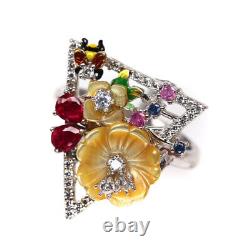 Mother Of Pearl Flower Carved Ruby Sapphire & Cubic Zirconia Ring 925 Silver