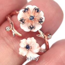 Mother Of Pearl Flower Carved Sapphire Cubic-Zirconia Ring Silver 925 Sterling