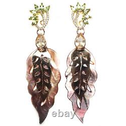 Mother Of Pearl Leaf-Carved, Peridot & Cubic-Zirconia Earrings 925Silver