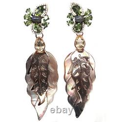 Mother Of Pearl Leaf-Carved Peridot Labradorit Cubic-Zirconia Earrings 925Silver