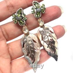 Mother Of Pearl Leaf-Carved Peridot Labradorit Cubic-Zirconia Earrings 925Silver