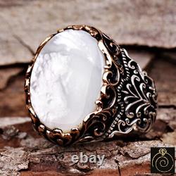 Mother Of Pearl Mens Ring White Gemstone Ancient Carved Anniversary Cool Jewelry