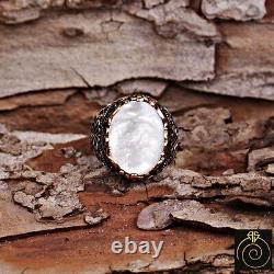 Mother Of Pearl Mens Ring White Gemstone Ancient Carved Anniversary Cool Jewelry