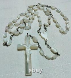 Mother Of Pearl Rosary 1920's UNIQUE Crucifix Carved Jesus Excellent Condition