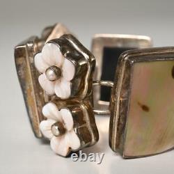 Mother Of Pearl Sterling Silver Carved Flower Panel Bracelet