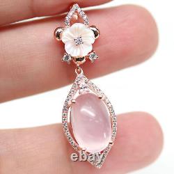 NATURAL 10 X 13 mm. ROSE QUARTZ, MOTHER OF PEARL CARVED & CZ PENDANT 925 SILVER