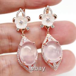 NATURAL 10 X 15 mm. ROSE QUARTZ, MOTHER OF PEARL CARVED & CZ EARRINGS 925 SILVER
