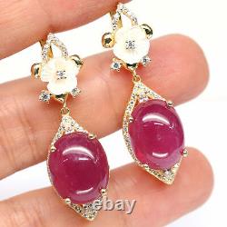 NATURAL 12 X 15 mm. RED RUBY, MOTHER OF PEARL CARVED & CZ EARRINGS 925 SILVER
