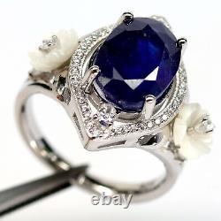 NATURAL 9 X 12 mm. BLUE SAPPHIRE, MOTHER OF PEARL CARVED & CZ RING 925 SILVER