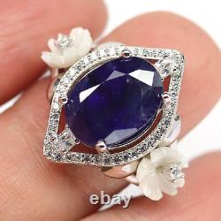 NATURAL 9 X 12 mm. BLUE SAPPHIRE, MOTHER OF PEARL CARVED & CZ RING 925 SILVER