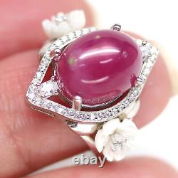 NATURAL 9 X 12 mm. RED RUBY, WHITE MOTHER OF PEARL CARVING & CZ RING 925 SILVER
