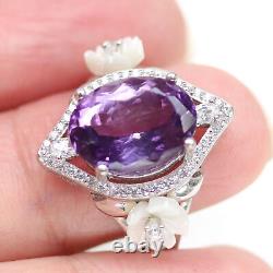 NATURAL 9 X 13 mm. PURPLE AMETHYST, MOTHER OF PEARL CARVED & CZ RING 925 SILVER