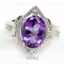 NATURAL 9 X 13 mm. PURPLE AMETHYST, MOTHER OF PEARL CARVED & CZ RING 925 SILVER