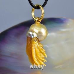 Nautilus Pendant South Sea Pearl Carved Mother-of-Pearl Sterling Diamond 8.44 g