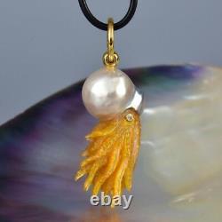 Nautilus Pendant South Sea Pearl Carved Mother-of-Pearl Sterling Diamond 9.92 g
