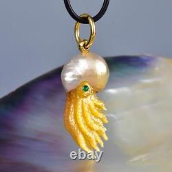 Nautilus Pendant South Sea Pearl with Mother-of-Pearl Carving & Emerald 10.89 g