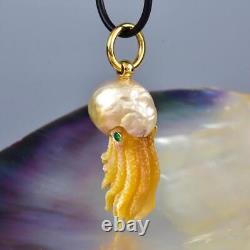 Nautilus Pendant South Sea Pearl with Mother-of-Pearl Carving & Emerald 10.89 g