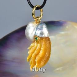 Nautilus Pendant South Sea Pearl with Mother-of-Pearl Carving & Emerald 12.94 g