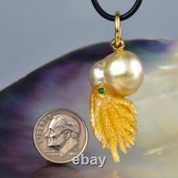 Nautilus Pendant South Sea Pearl with Mother-of-Pearl Carving & Emerald 9.81 g