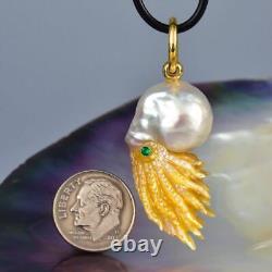 Nautilus Pendant South Sea Pearl with Mother-of-Pearl Carving & Emerald 9.88 g