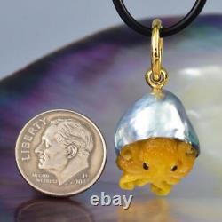 Octopus Pendant South Sea Pearl Carved Mother-of-Pearl & Vermeil Sterling 5.21 g