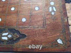 Old Backgammon Hand Carved Mosaic Wood Inlaid Mother of Pearl Middle Eastern