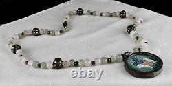 Old Krishna Painting Silver Pendant Rose Quartz Jade Carved Stone Beads Necklace