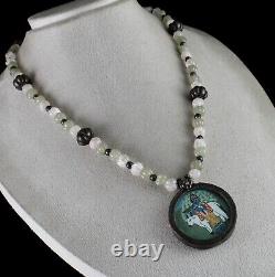 Old Krishna Painting Silver Pendant Rose Quartz Jade Carved Stone Beads Necklace